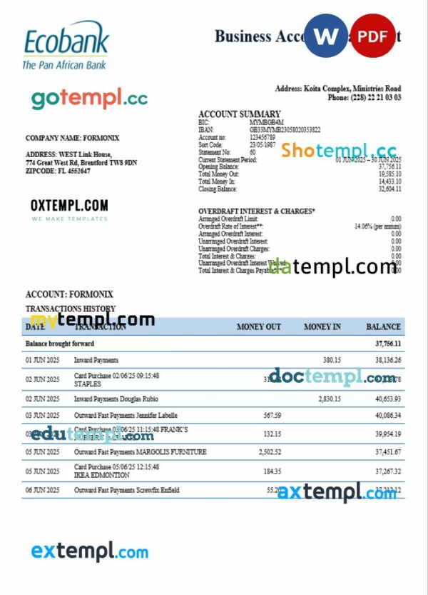 South Sudan Ecobank firm account statement Word and PDF template