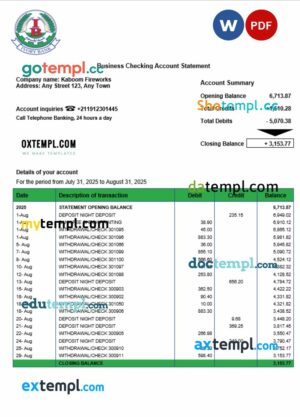 South Sudan Ivory business checking account statement Word and PDF template