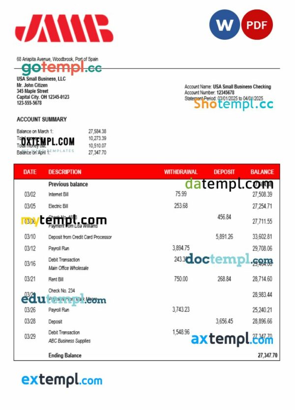 Spain JMMB checking account statement Word and PDF template