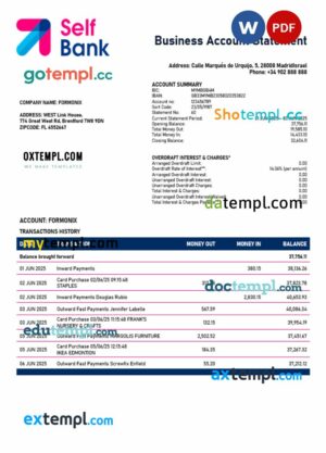 Spain Self Bank enterprise account statement Word and PDF template