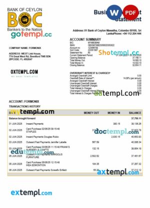 Sri Lanka Bank of Ceylon firm account statement Word and PDF template