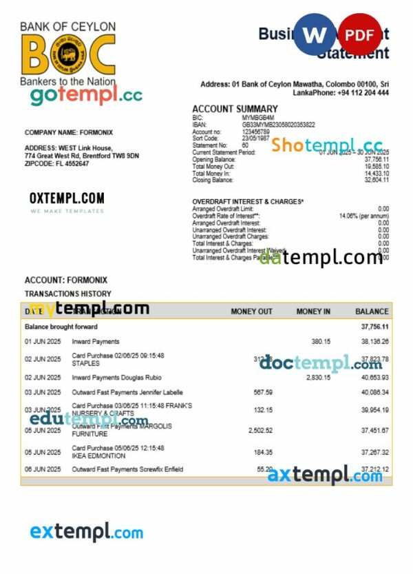 Sri Lanka Bank of Ceylon firm account statement Word and PDF template