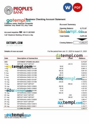 Sri Lanka People’s Bank company checking account statement Word and PDF template