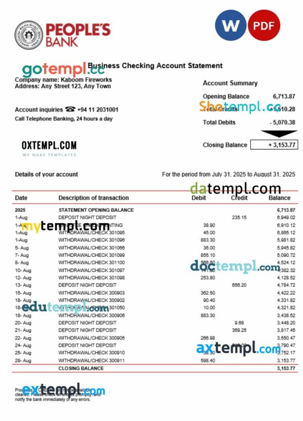 Sri Lanka People’s Bank company checking account statement Word and PDF template