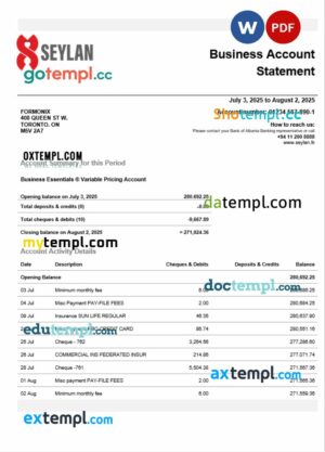 Sri Lanka Seylan Bank organization checking account statement Word and PDF template