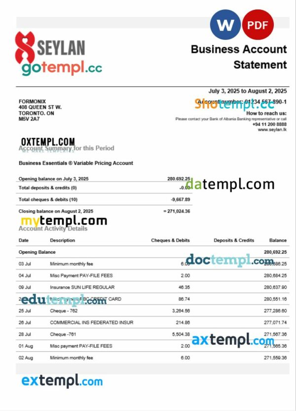 Sri Lanka Seylan Bank organization checking account statement Word and PDF template