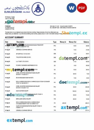 Sudanese Al Neelen company checking account statement Word and PDF template
