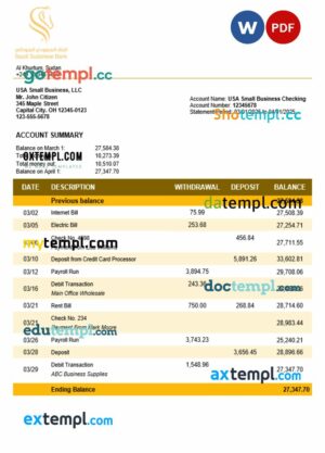 Sudanese Saudi Sudanese Bank business account statement Word and PDF template