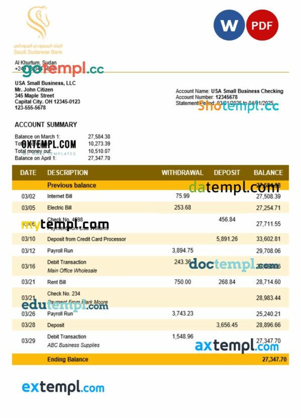 Sudanese Saudi Sudanese Bank business account statement Word and PDF template
