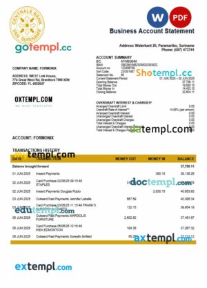 Suriname Centrale Bank Van Suriname business account statement Word and PDF template
