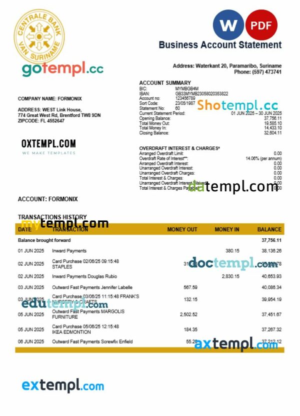 Suriname Centrale Bank Van Suriname business account statement Word and PDF template