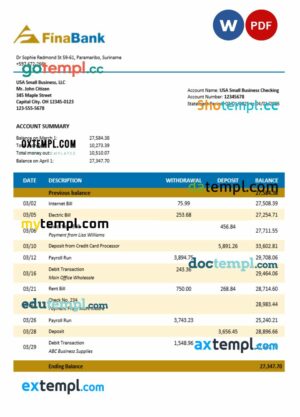 Suriname Finabank enterprise statement Word and PDF template