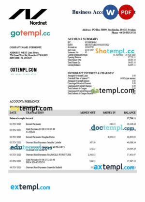 Swedish Nordnet AB firm account statement Word and PDF template