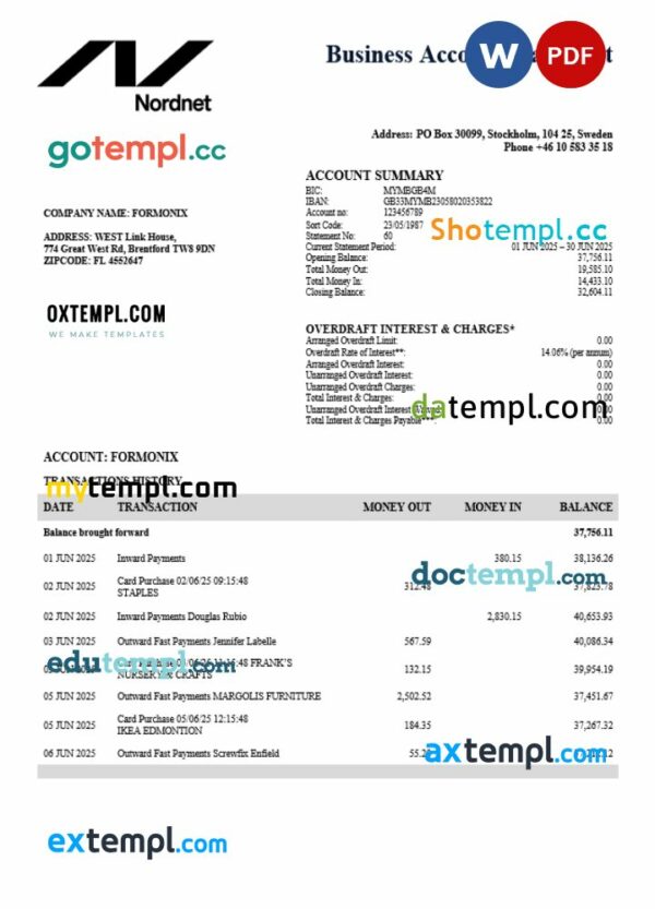 Swedish Nordnet AB firm account statement Word and PDF template