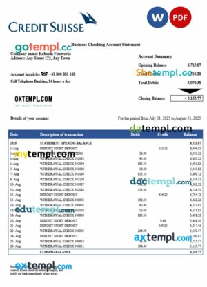 Swiss Credit Suisse company checking account statement Word and PDF template