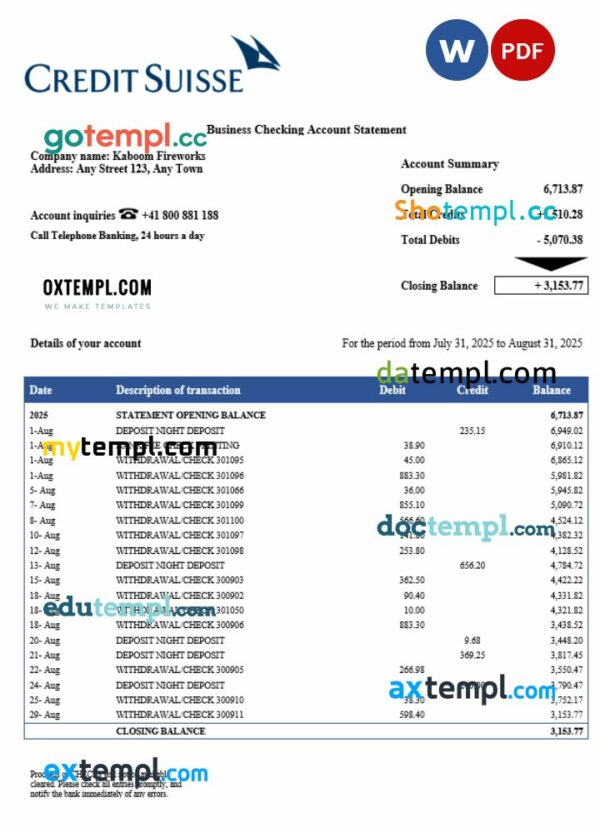 Swiss Credit Suisse company checking account statement Word and PDF template