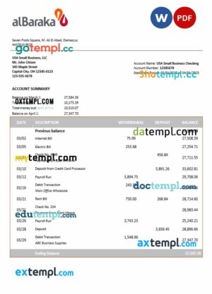 Syrian Al Baraka corporate checking account statement Word and PDF template