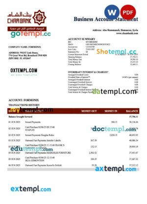 Syrian Cham Bank enterprise account statement Word and PDF template