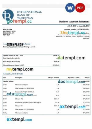 Tajikistan IBT business checking account statement Word and PDF template