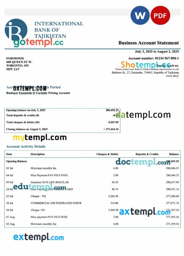 Tajikistan IBT business checking account statement Word and PDF template