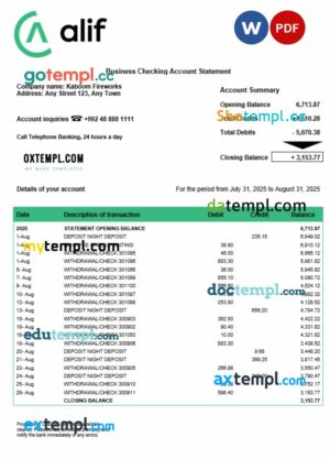 Tajikistani Alif firm account statement Word and PDF template