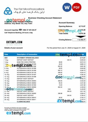 Tajikistani The First MicroFinance (FMFB) firm account statement Word and PDF template
