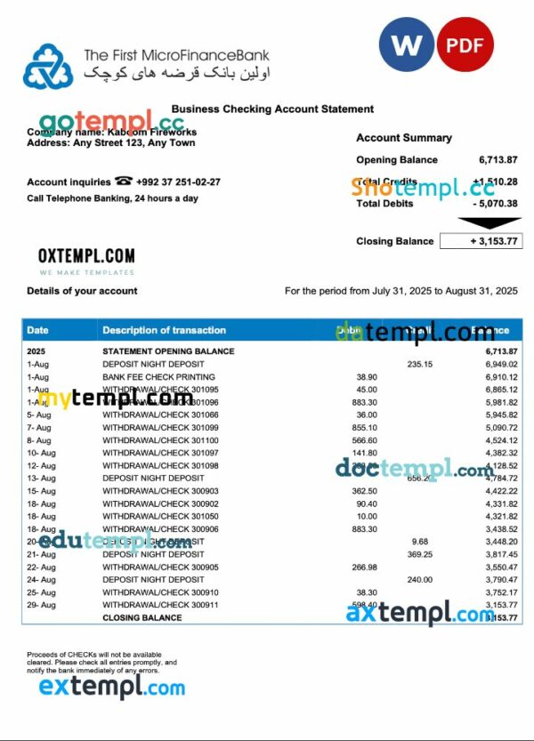 Tajikistani The First MicroFinance (FMFB) firm account statement Word and PDF template