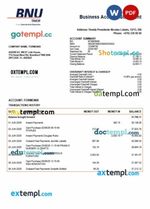 Timor-Leste BNU firm checking account statement Word and PDF template