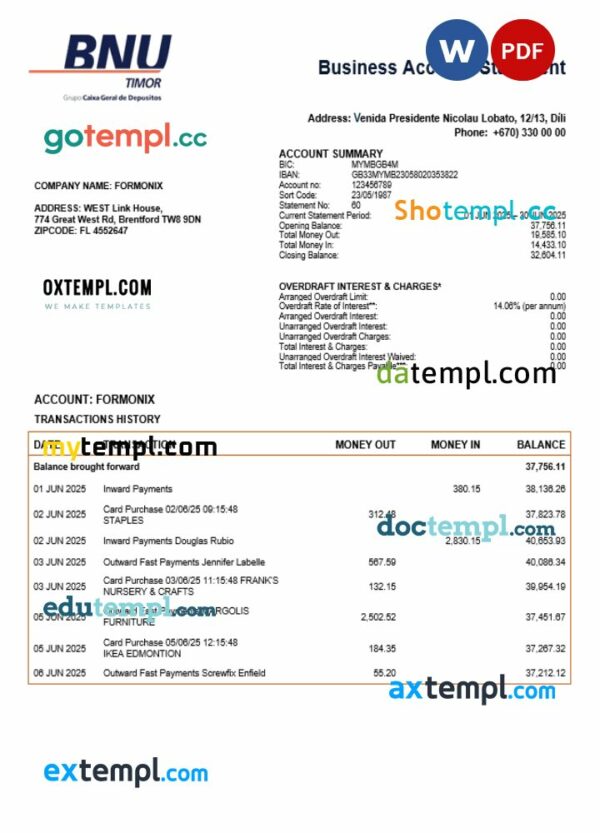 Timor-Leste BNU firm checking account statement Word and PDF template