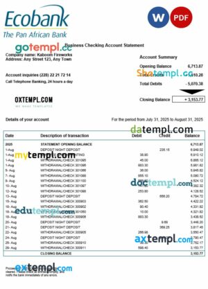 Togo Ecobank organization checking account statement Word and PDF template