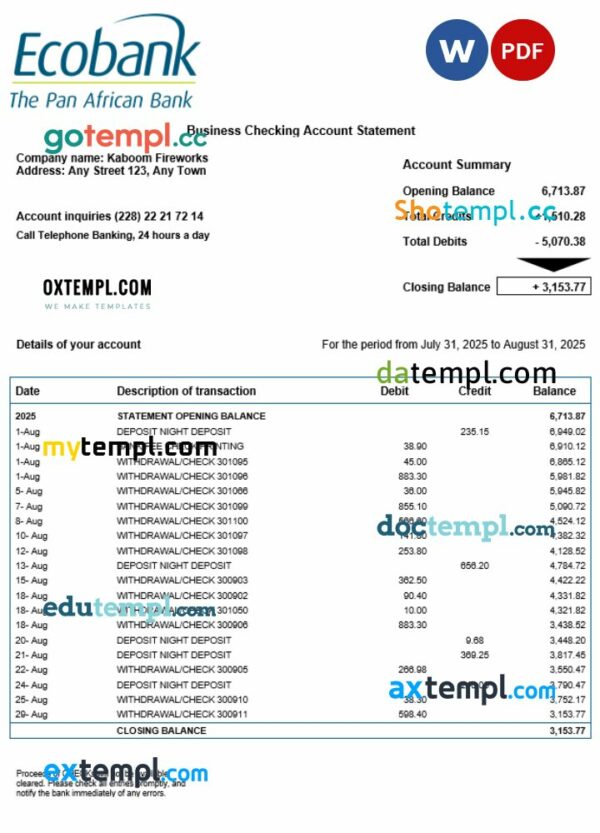 Togo Ecobank organization checking account statement Word and PDF template