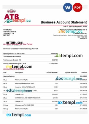 Tunisian ATB organization checking account statement Word and PDF template