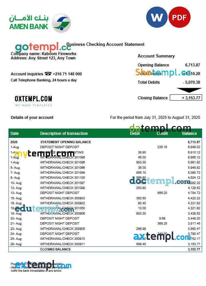 Tunisian Amen organization statement Word and PDF template