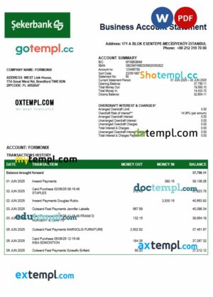 Turkish Sekerbank firm checking account statement Word and PDF template