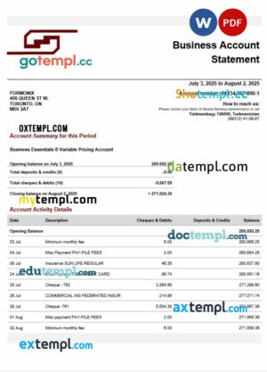 Turkmen Turkmenbasi company checking account statement Word and PDF template