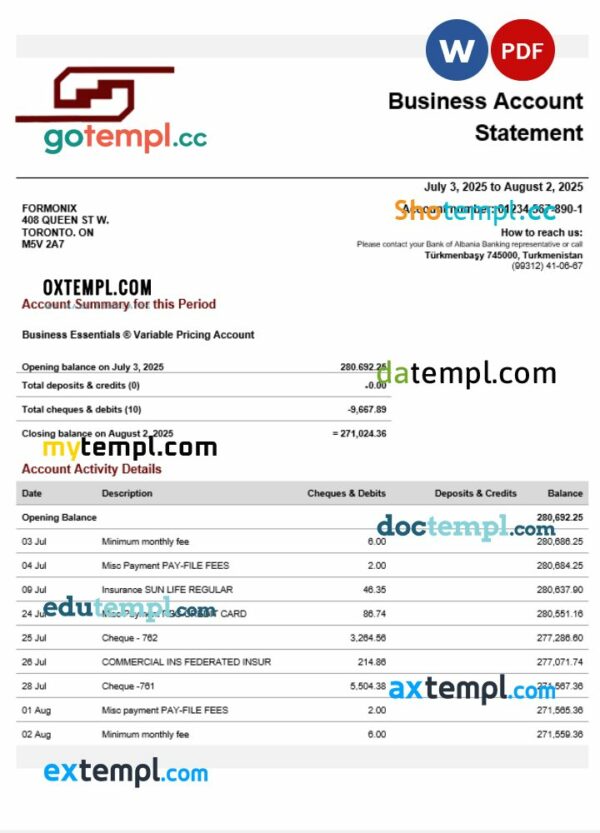 Turkmen Turkmenbasi company checking account statement Word and PDF template
