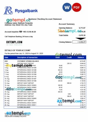 Turkmenistan Rysgal firm account statement Word and PDF template