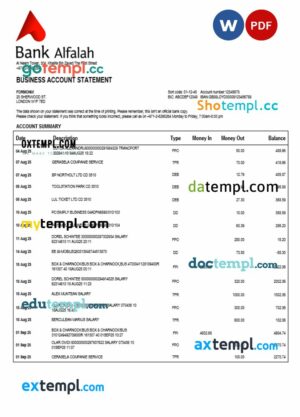UAE Abu Dhabi Bank Alfalah company checking account statement Word and PDF template