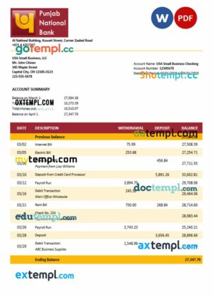 UAE Dubai PNB enterprise statement Word and PDF template