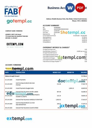 UAE First Abu Dhabi firm account statement Word and PDF template