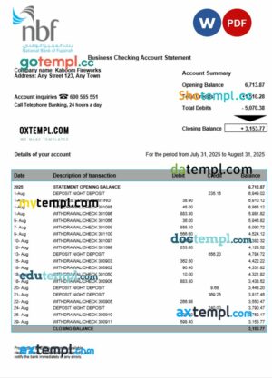 UAE Fujeirah National bank (NFB) organization checking account statement Word and PDF template