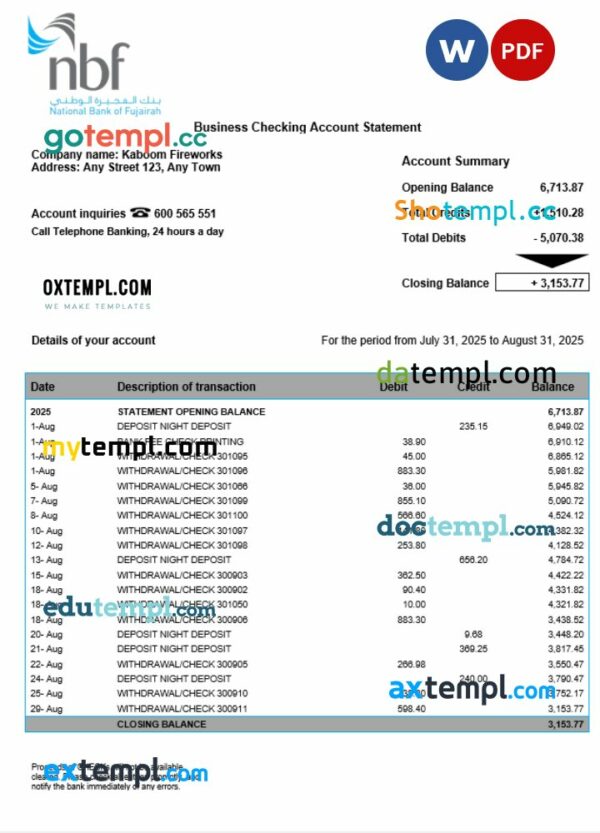 UAE Fujeirah National bank (NFB) organization checking account statement Word and PDF template