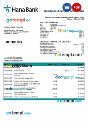UAE Keb Hana company checking account statement Word and PDF template