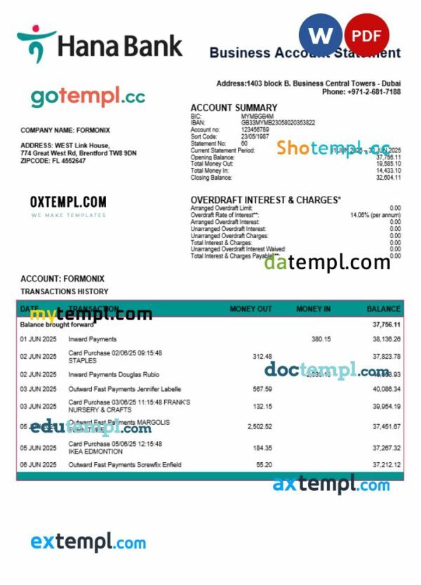 UAE Keb Hana company checking account statement Word and PDF template