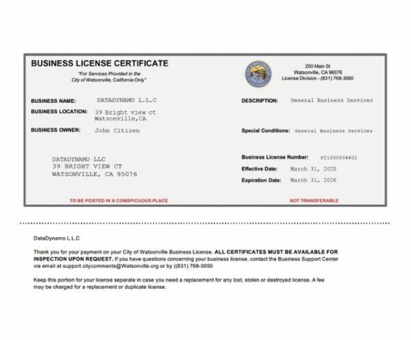 USA California business license certificate Word and PDF template