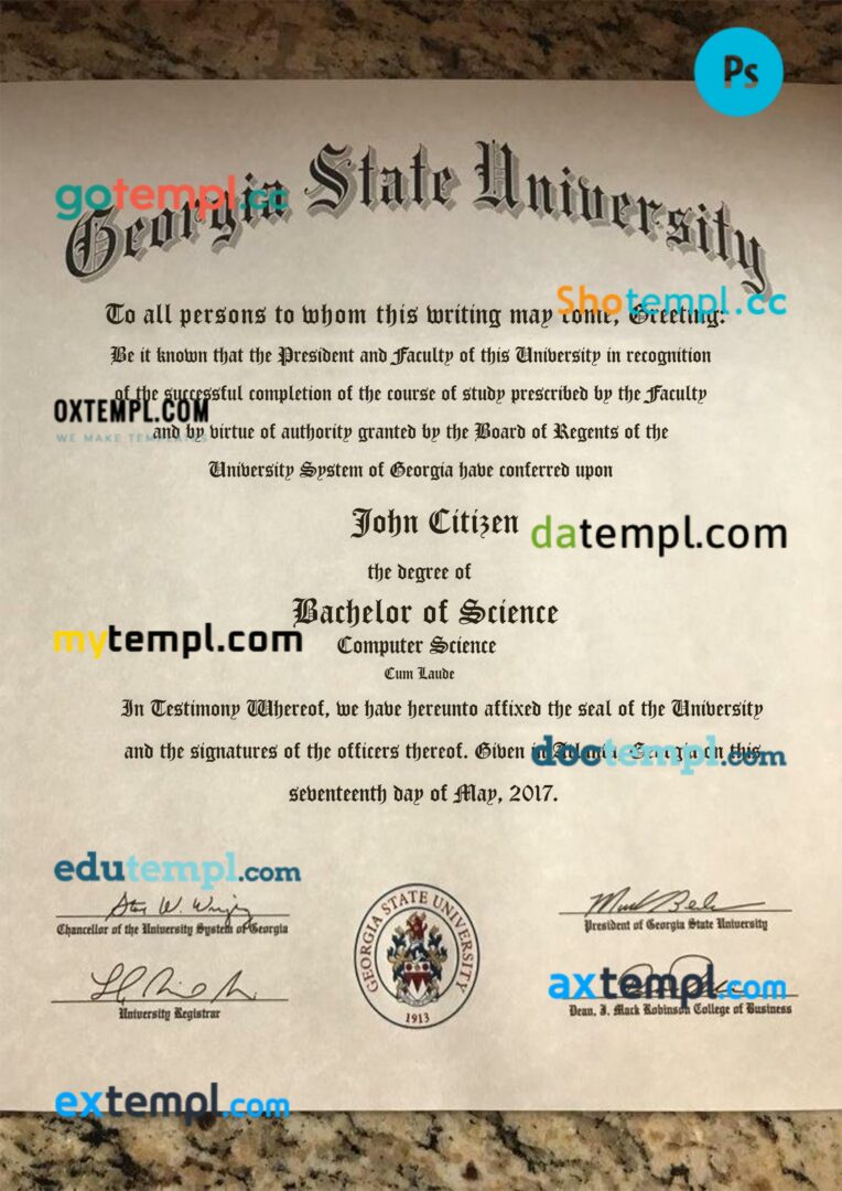 USA Georgia State University diploma template in PSD format
