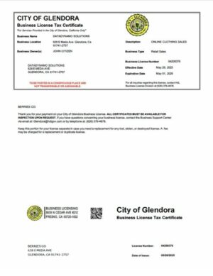 USA Glendora business license tax certificate Word and PDF template