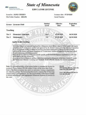 USA Minnesota educator license Word and PDF template