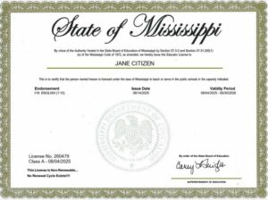 USA Mississippi educational license Word and PDF template