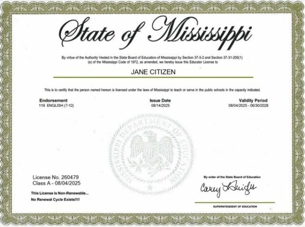 USA Mississippi educational license Word and PDF template